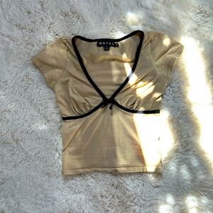 Motel Rocks Cream Crop Blouse with Tie Front Cap Sleeves